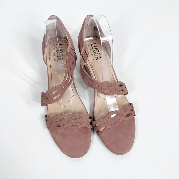 LUCCA LANE Evan Cork Wedge Blush Suede Sandals - Picture 6 of 9
